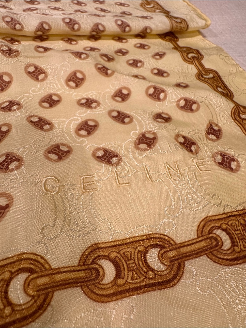 Celine Cream and Brown Silk-Blend Throw with Chain Motif